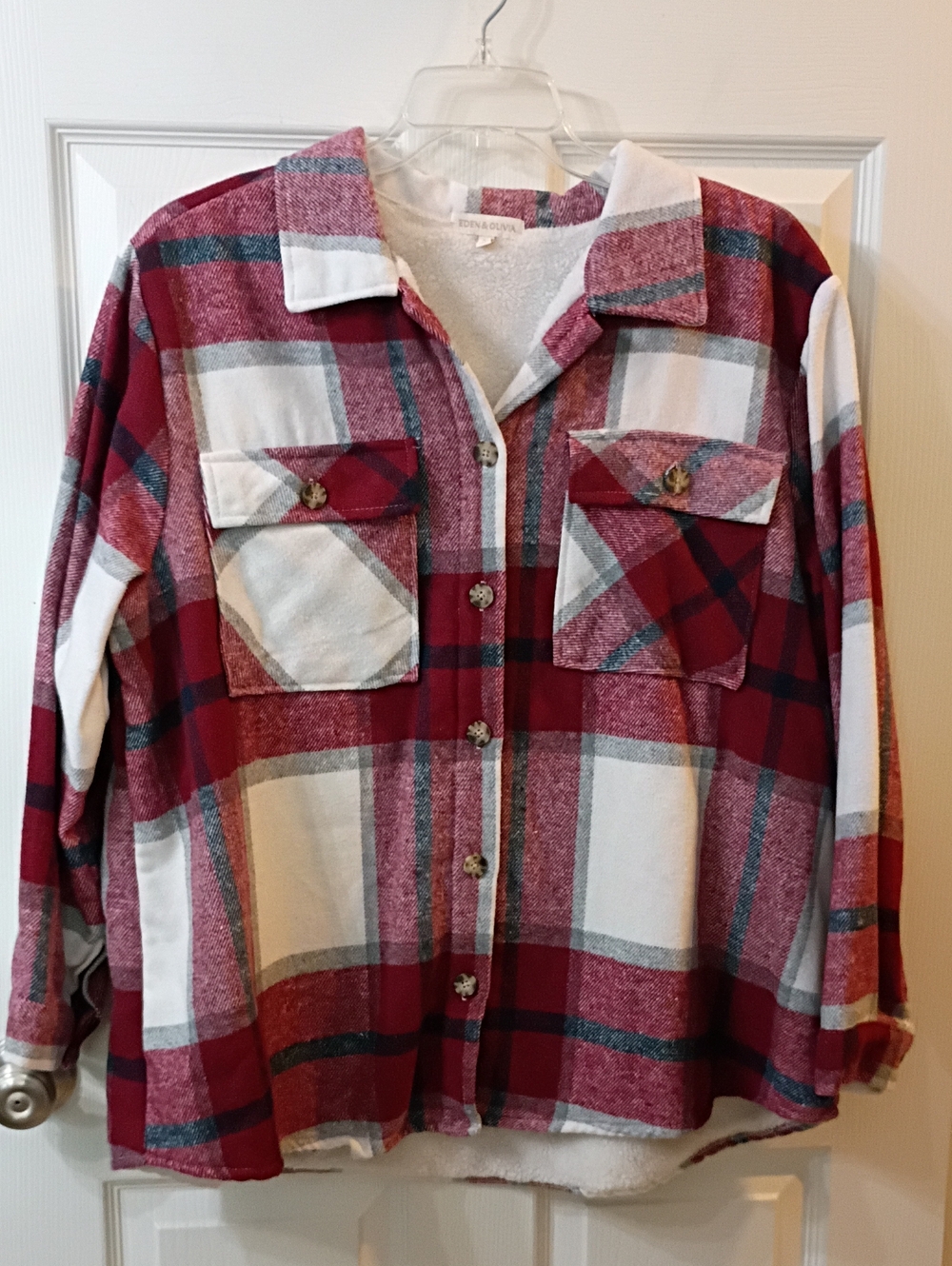 Eden & Olivia Red and White Plaid Sherpa-Lined Jacket